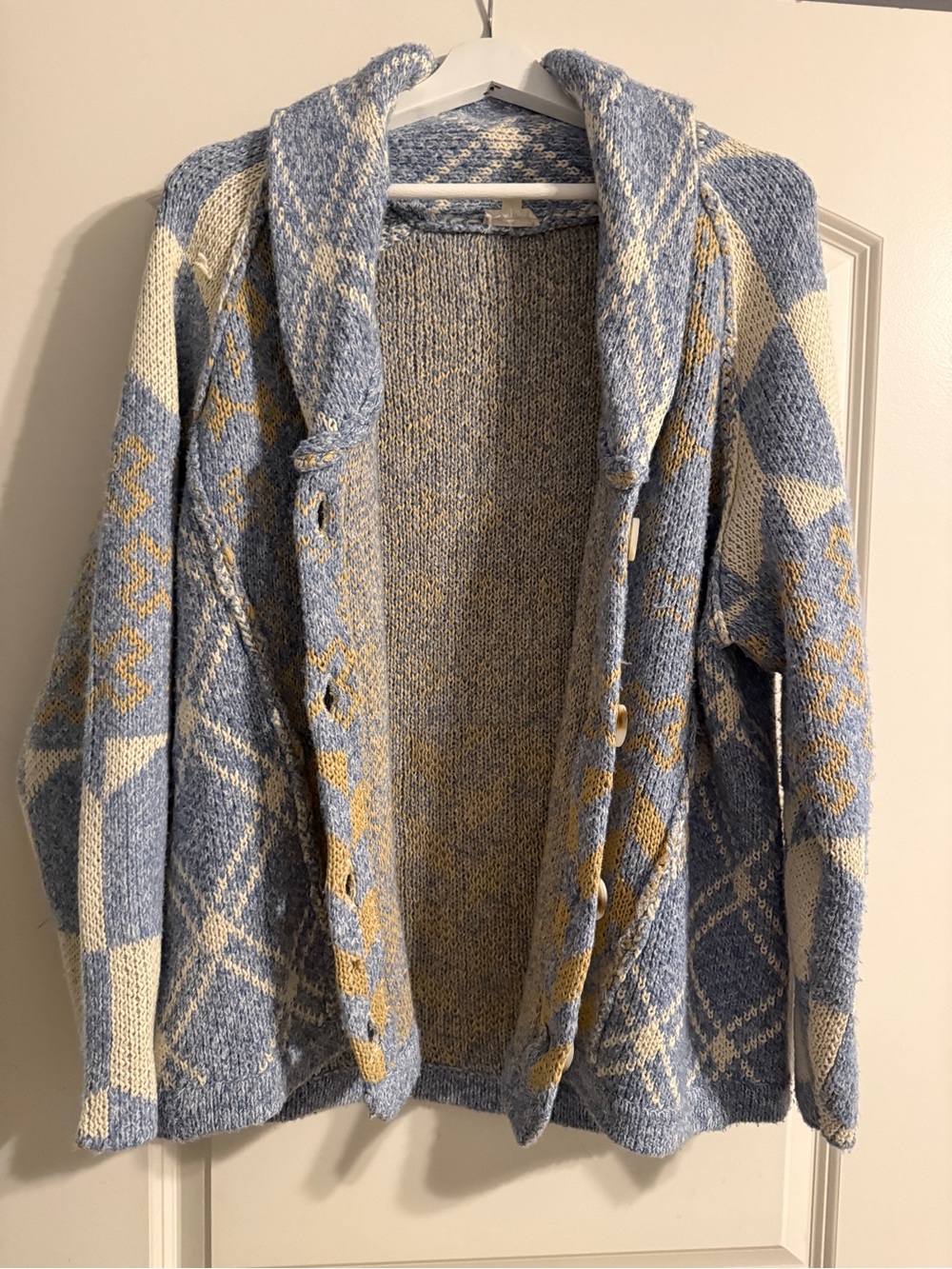 Hem & Thread Blue, Cream and Yellow Patterned Shawl Collar Cardigan